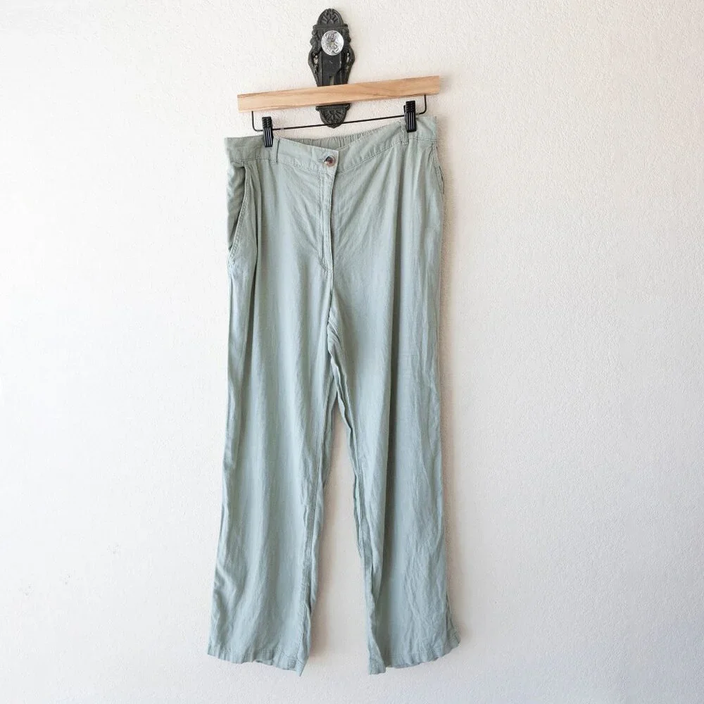 H&M Linen Blend Wide Leg Pants Women’s Medium Sage Green Casual Coastal
